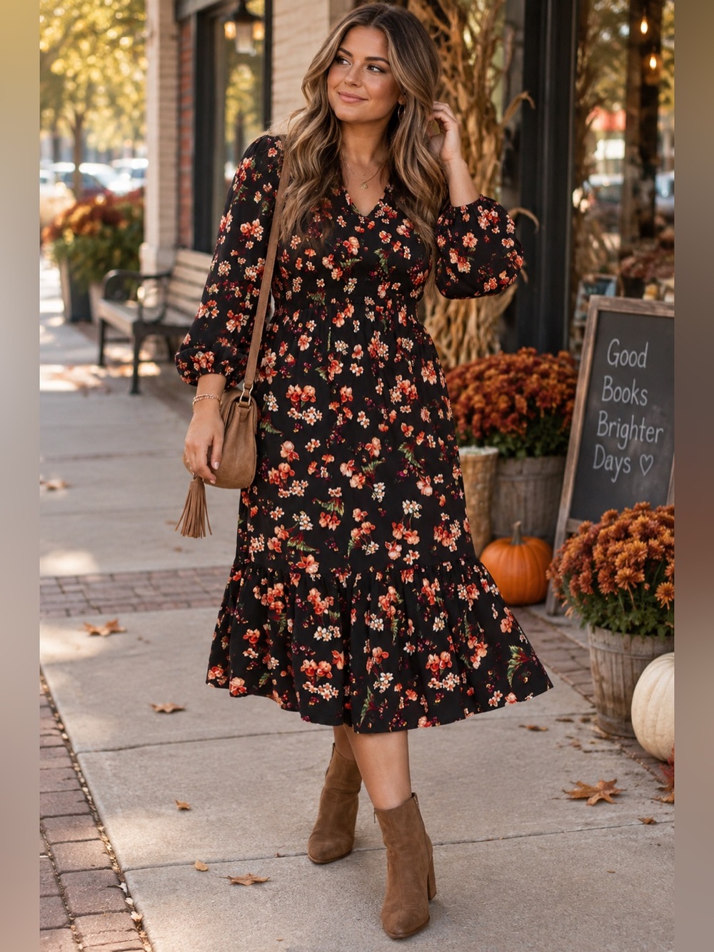 OLD NAVY Black Floral Midi Dress 4X Long Sleeve V-Neck Tiered Boho Cottagecore